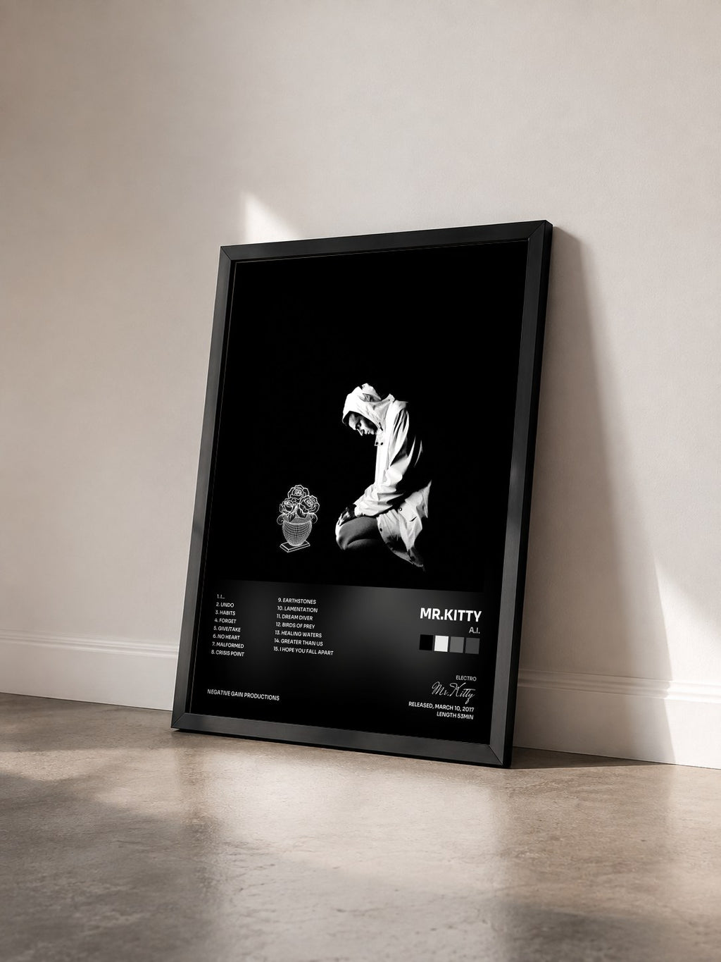 #noir Tableau de l'album A.I. de Mr.Kitty vu de trois quarts, cadre noir