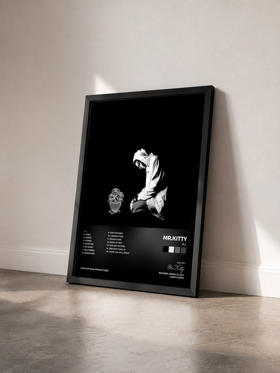 #noir Tableau de l'album A.I. de Mr.Kitty vu de trois quarts, cadre noir