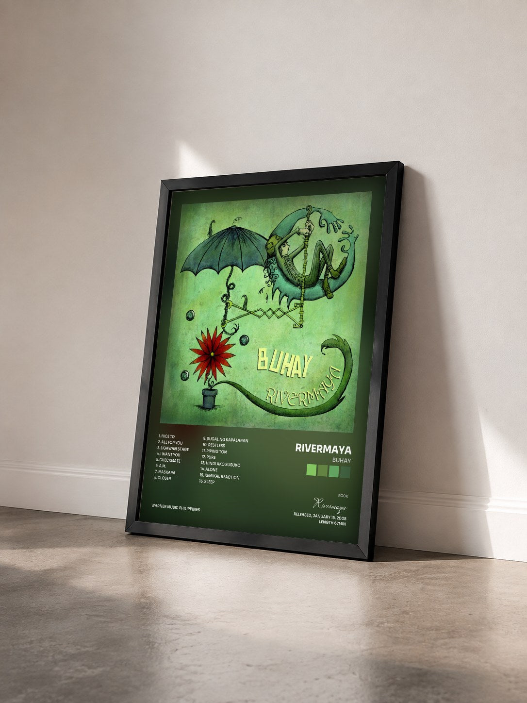 #noir Tableau de l'album Buhay de Rivermaya vu de trois quarts, cadre noir