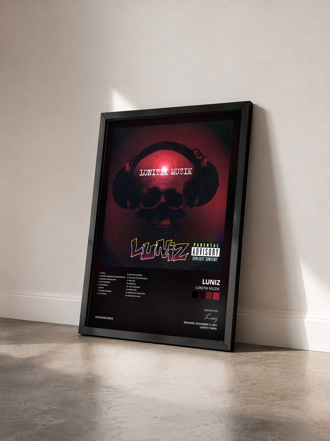 #noir Tableau de l'album Lunitik Muzik de Luniz vu de trois quarts, cadre noir