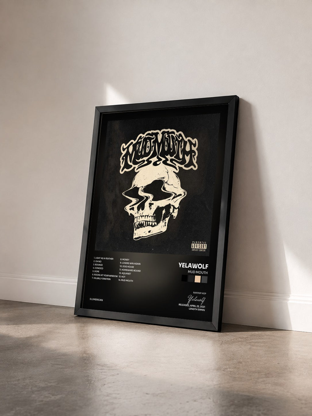 #noir Tableau de l'album Mud Mouth de Yelawolf vu de trois quarts, cadre noir