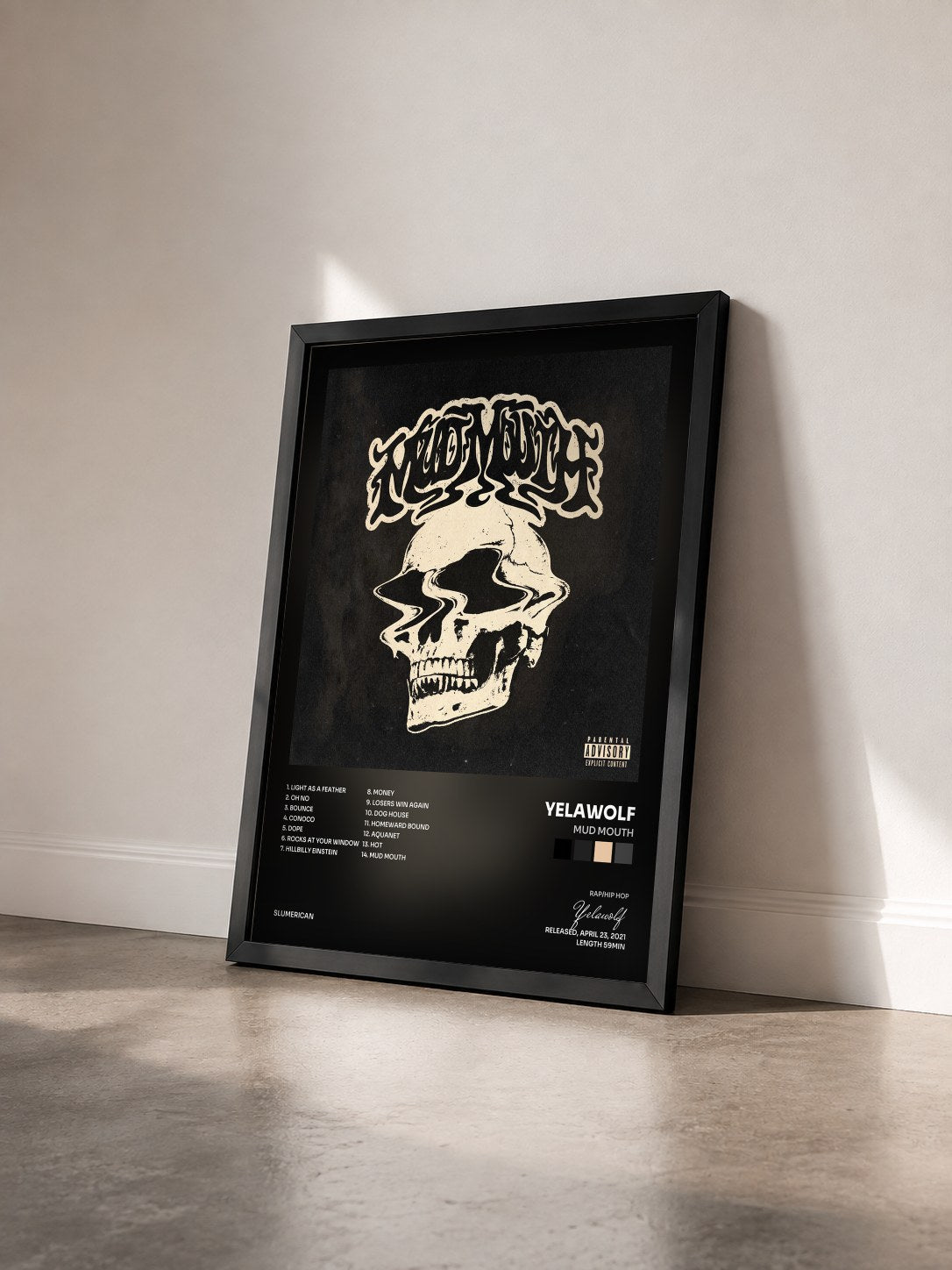 #noir Tableau de l'album Mud Mouth de Yelawolf vu de trois quarts, cadre noir
