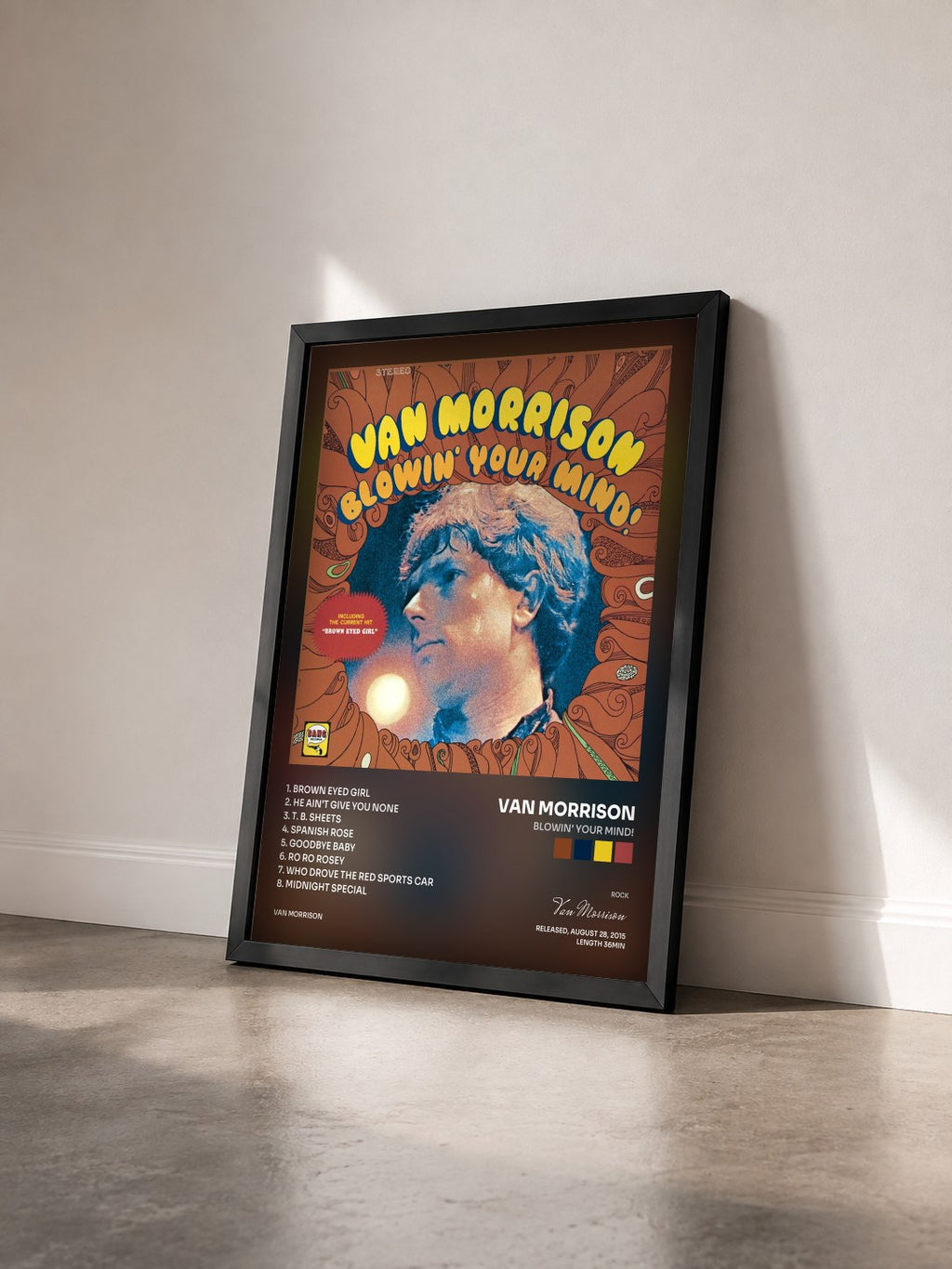 #noir Tableau de l'album Blowin' Your Mind! de Van Morrison vu de trois quarts, cadre noir