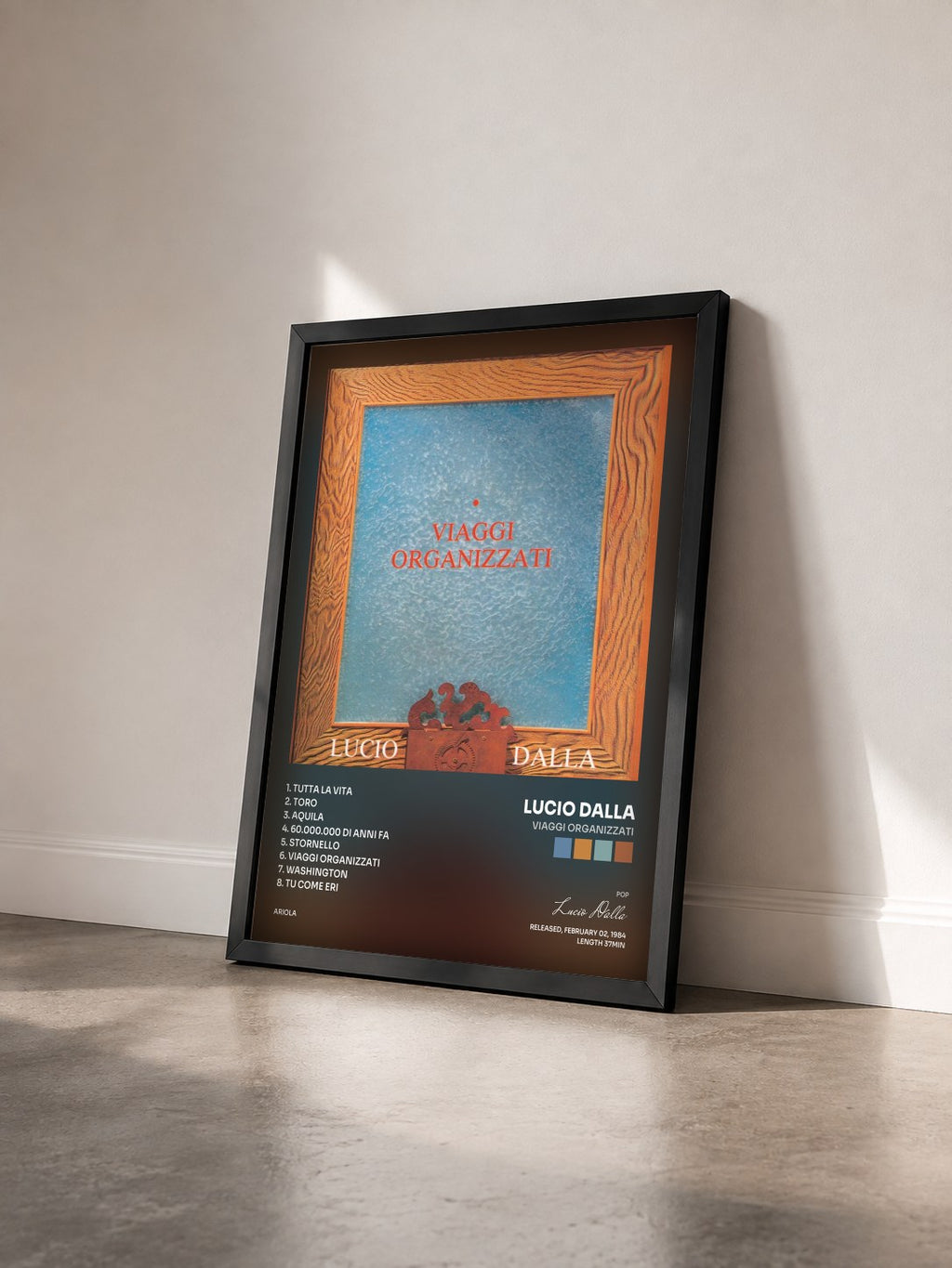 #noir Tableau de l'album Viaggi Organizzati de Lucio Dalla vu de trois quarts, cadre noir