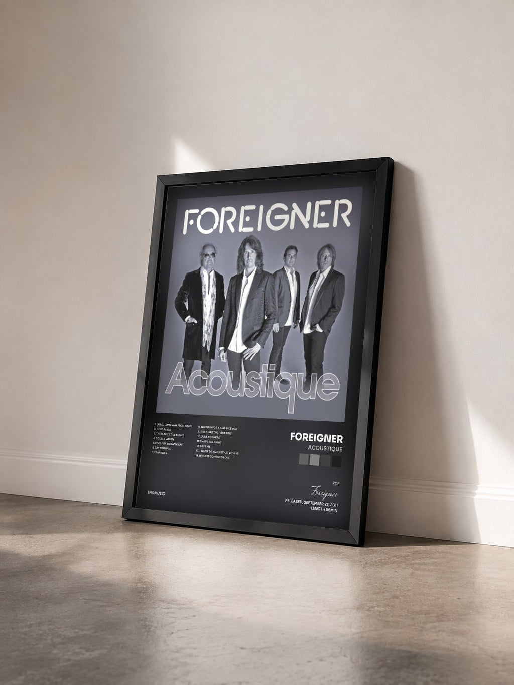 #noir Tableau de l'album Acoustique de Foreigner vu de trois quarts, cadre noir