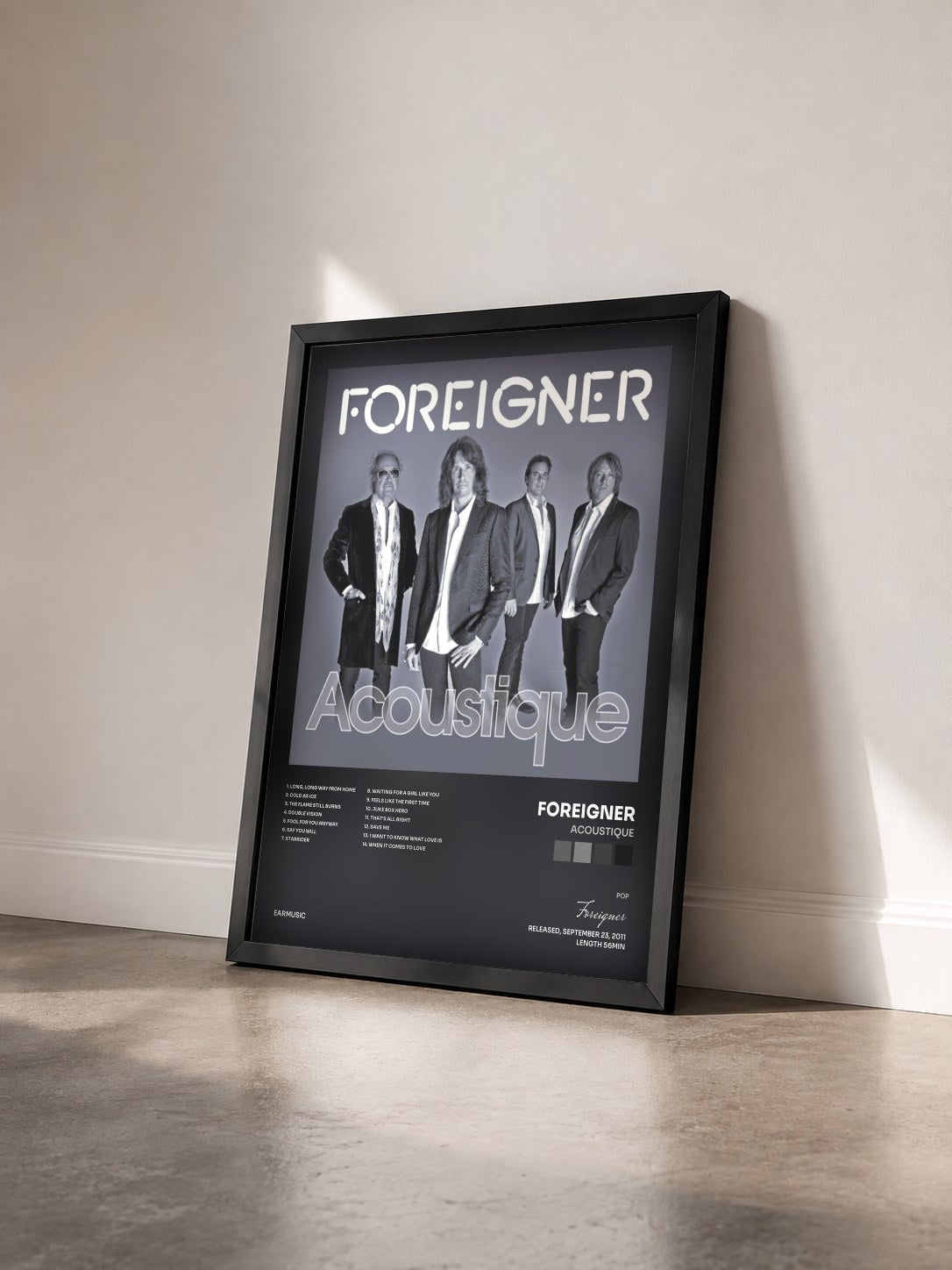 #noir Tableau de l'album Acoustique de Foreigner vu de trois quarts, cadre noir