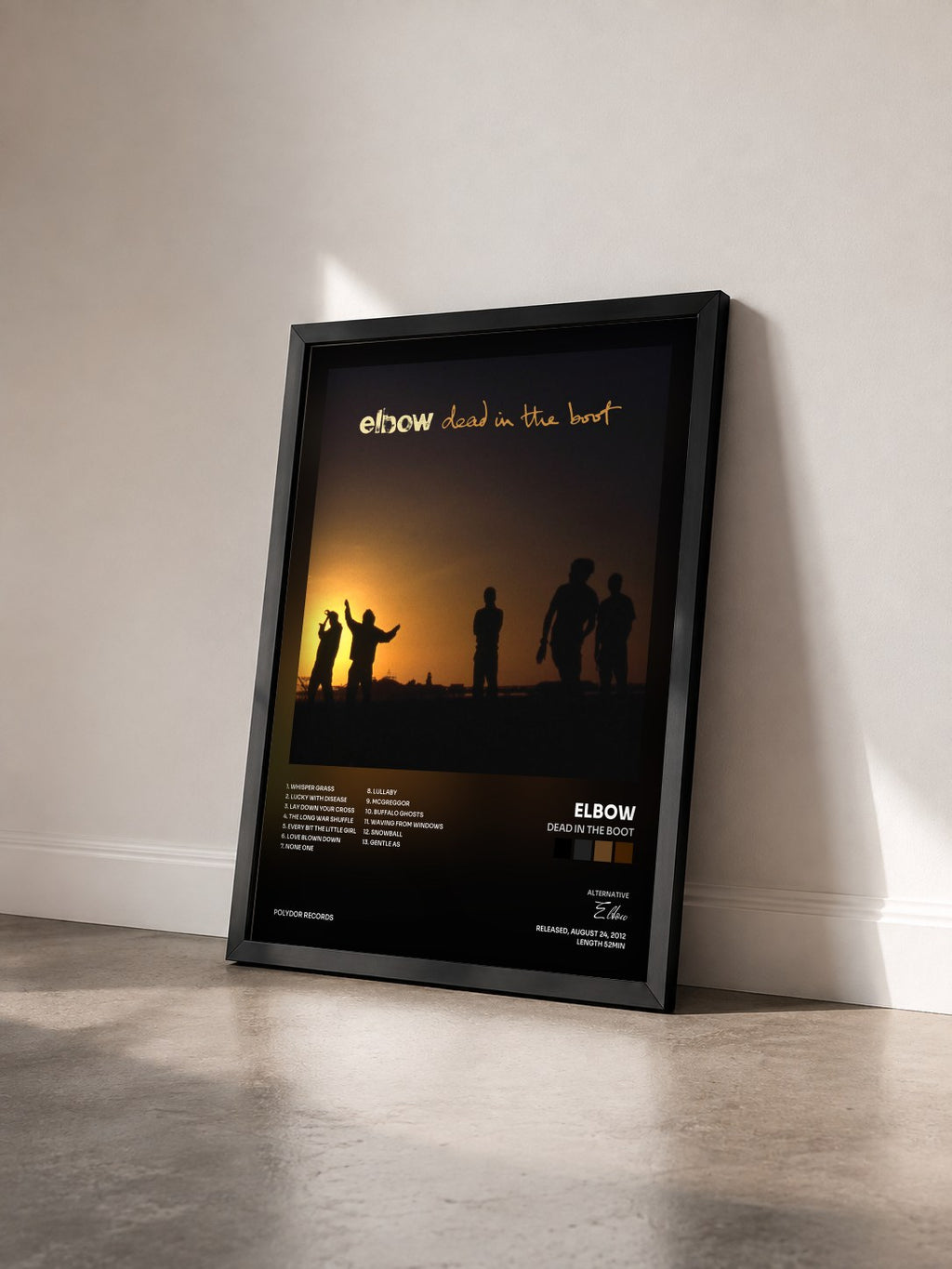 #noir Tableau de l'album dead in the boot de Elbow vu de trois quarts, cadre noir