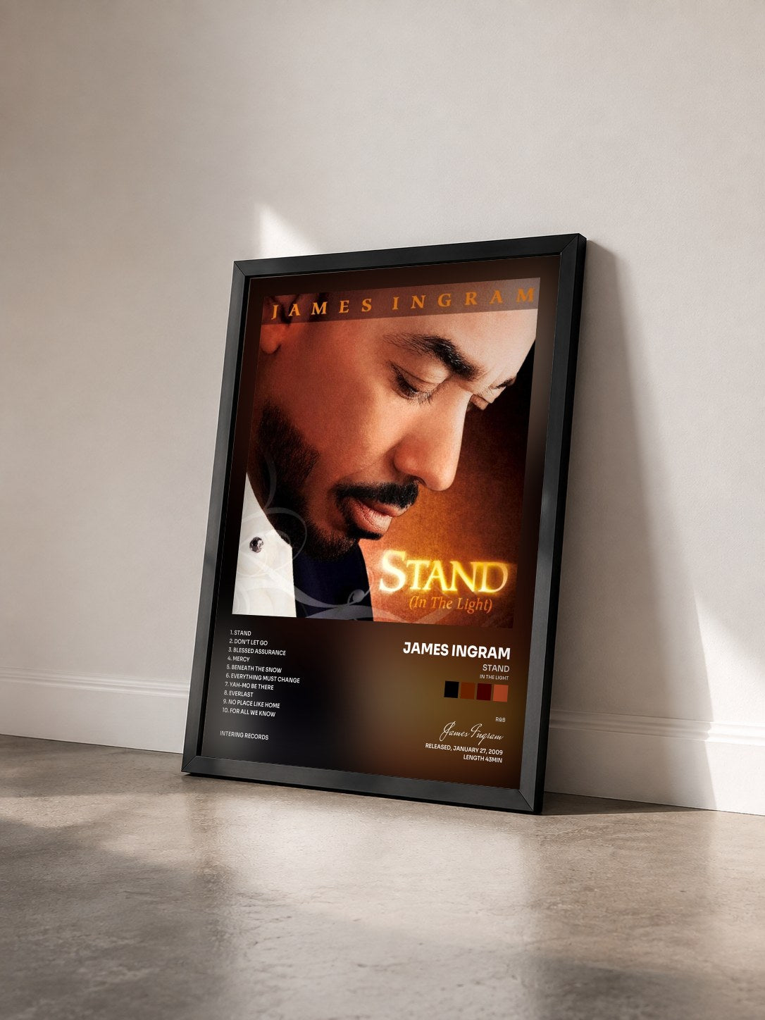 #noir Tableau de l'album Stand (in the Light) de James Ingram vu de trois quarts, cadre noir