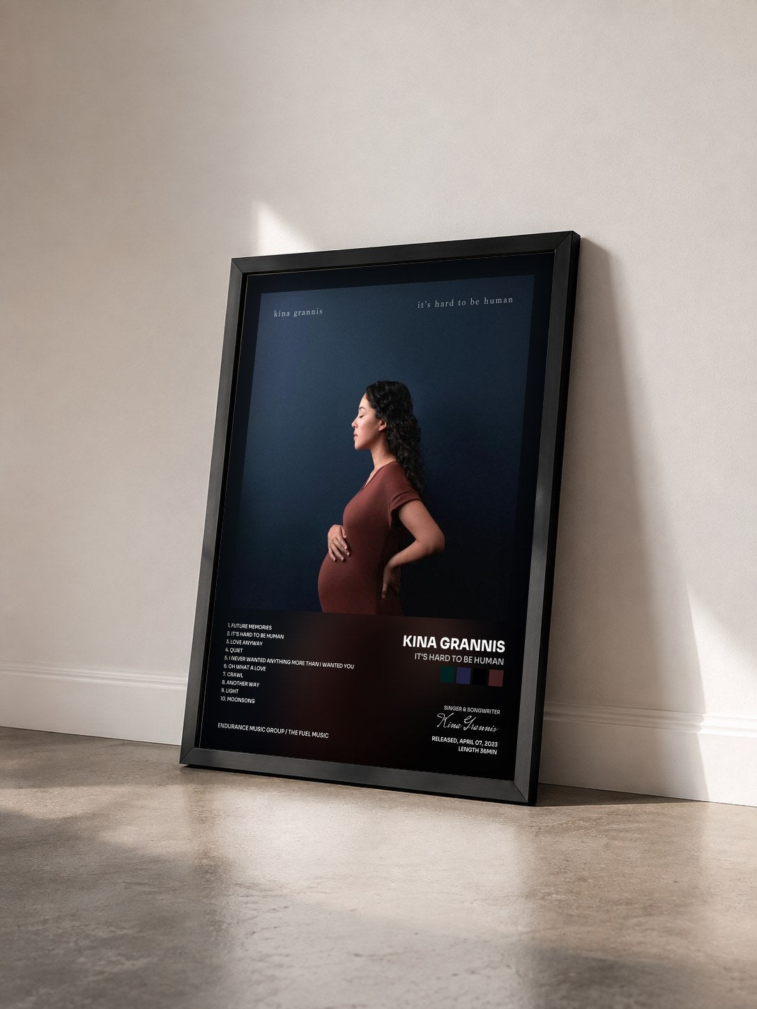 #noir Tableau de l'album It's Hard to Be Human de Kina Grannis vu de trois quarts, cadre noir
