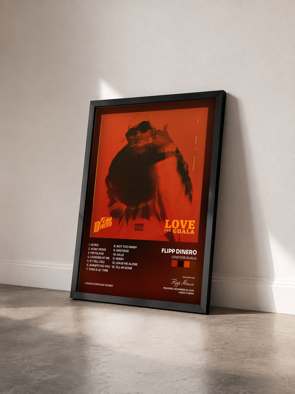 #noir Tableau de l'album LOVE FOR GUALA de Flipp Dinero vu de trois quarts, cadre noir
