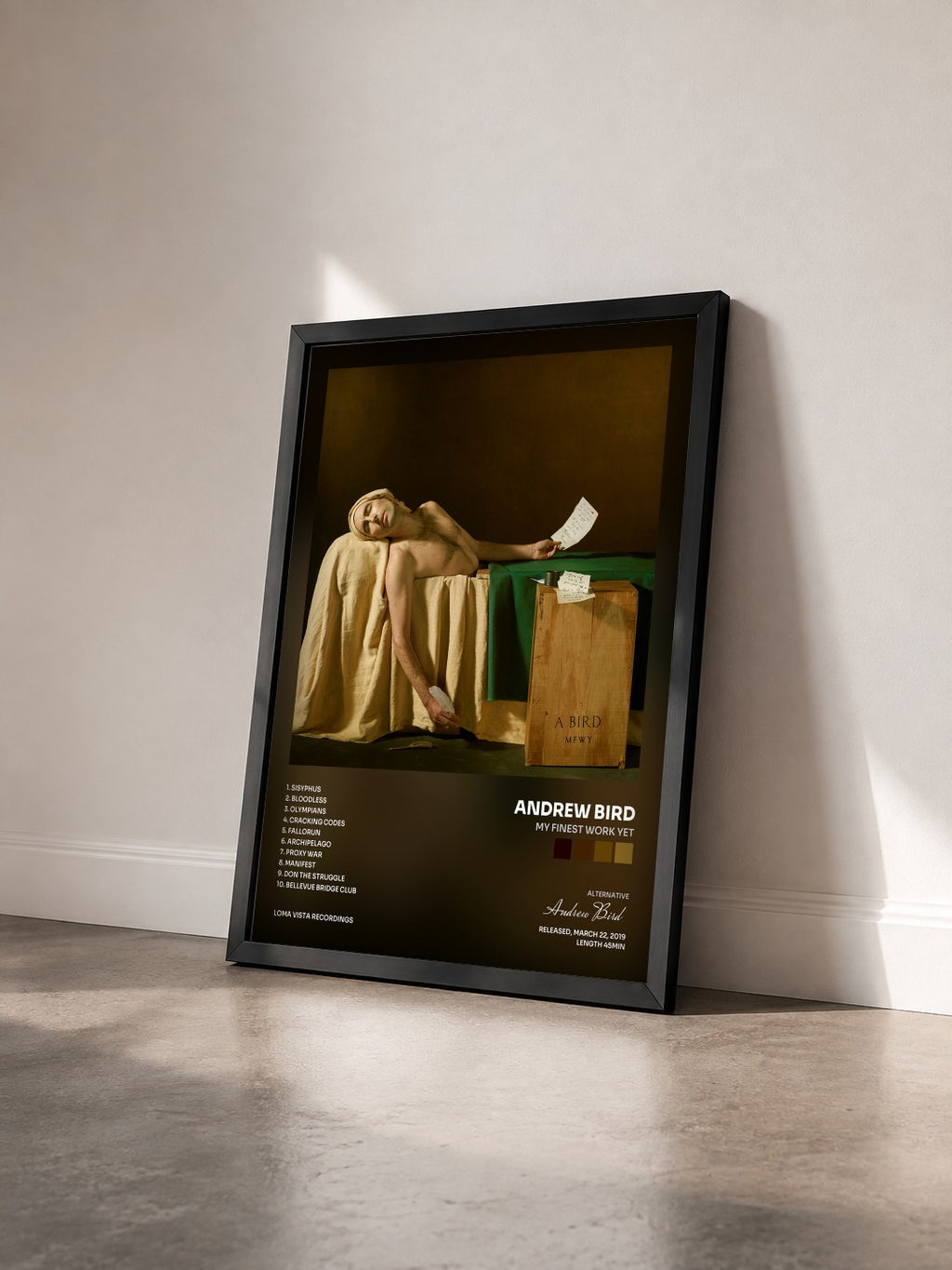 #noir Tableau de l'album My Finest Work Yet de Andrew Bird vu de trois quarts, cadre noir