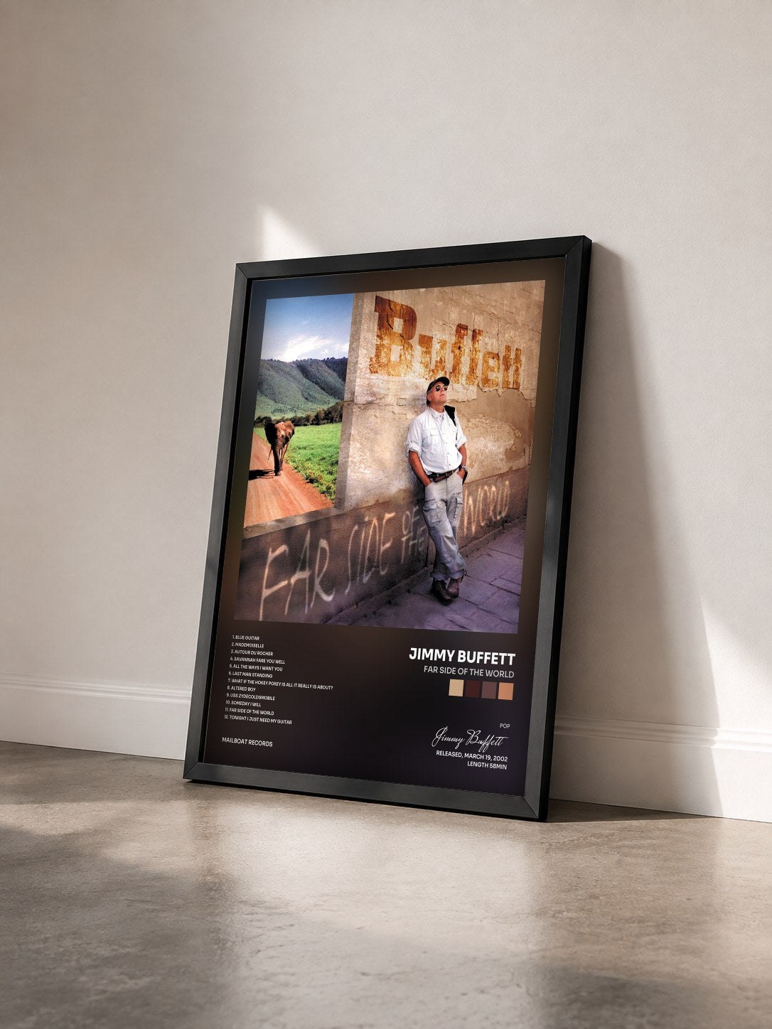 #noir Tableau de l'album Far Side of the World de Jimmy Buffett vu de trois quarts, cadre noir