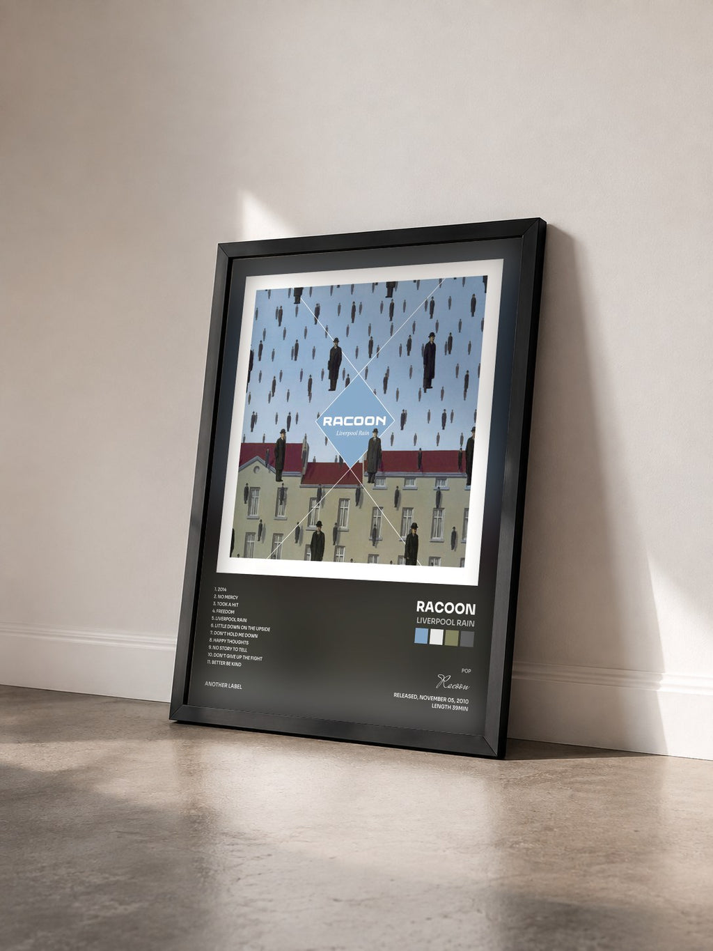 #noir Tableau de l'album Liverpool Rain de Racoon vu de trois quarts, cadre noir