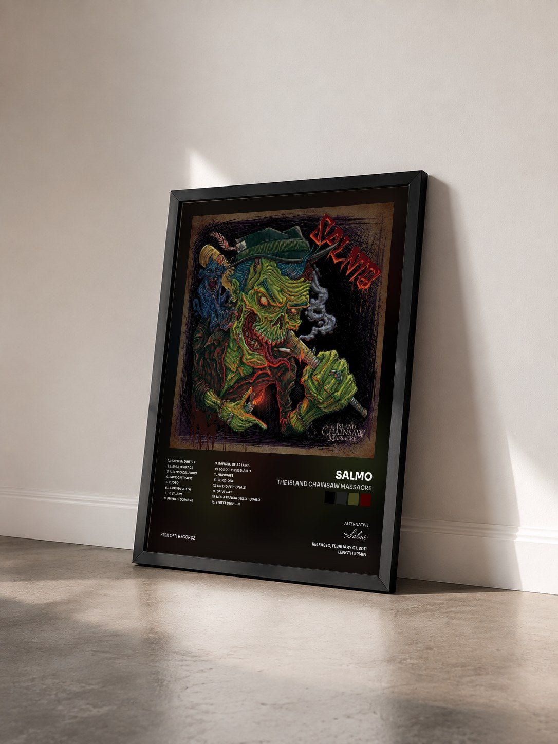 #noir Tableau de l'album The Island Chainsaw Massacre de Salmo vu de trois quarts, cadre noir