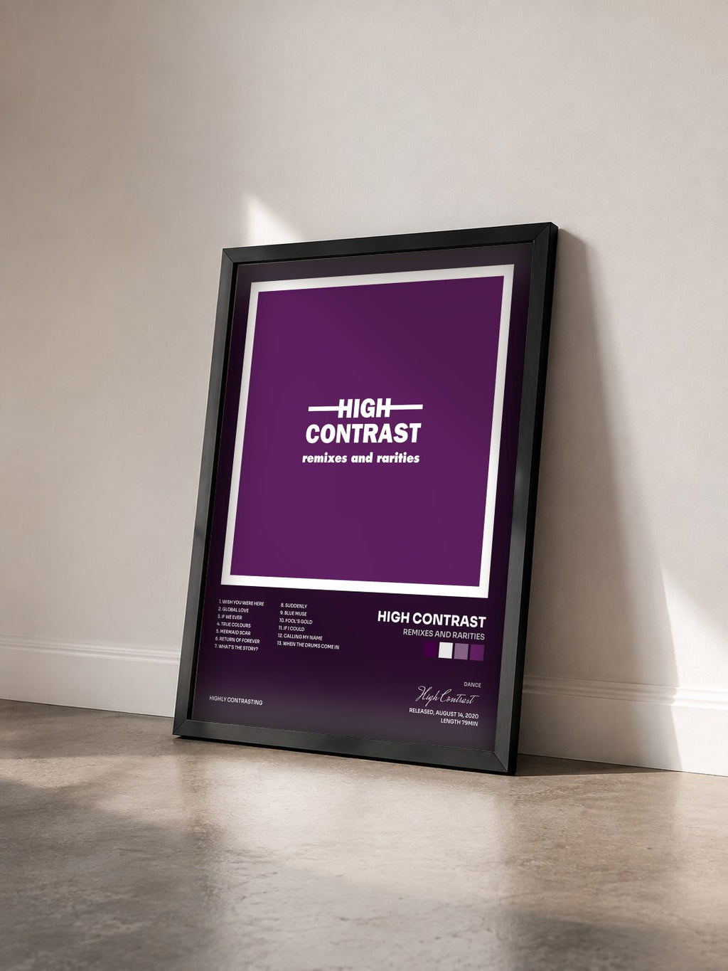 #noir Tableau de l'album Remixes and Rarities de High Contrast vu de trois quarts, cadre noir