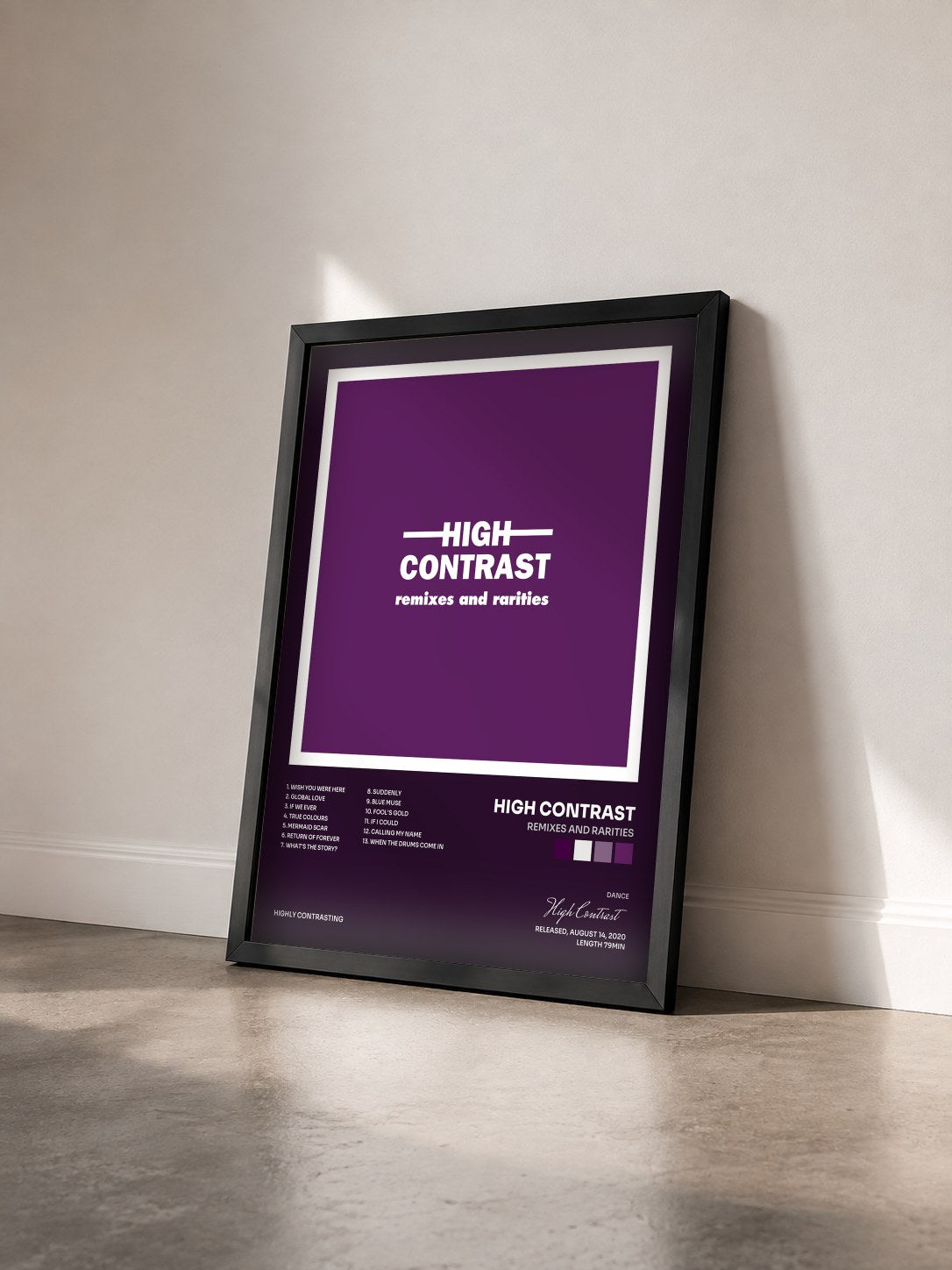 #noir Tableau de l'album Remixes and Rarities de High Contrast vu de trois quarts, cadre noir