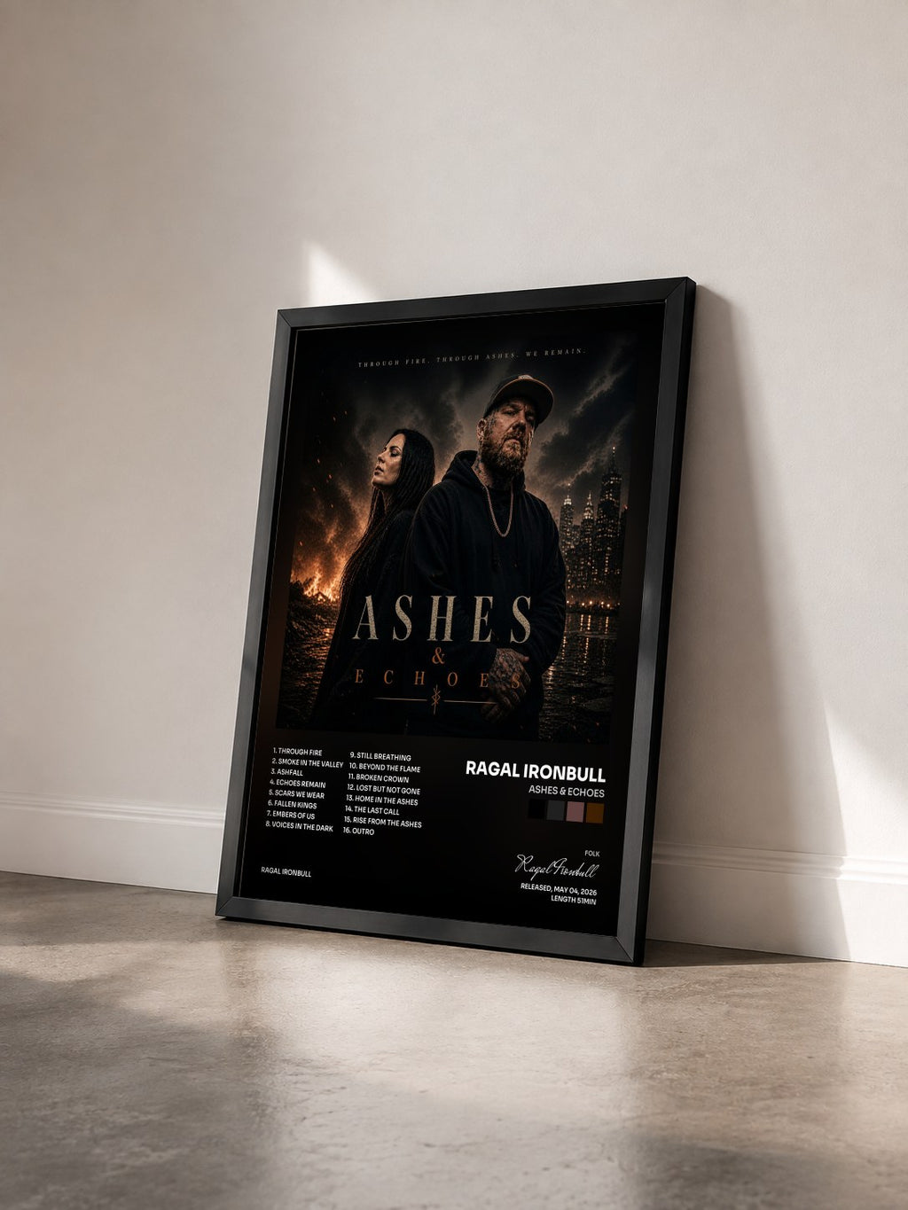 #noir Tableau de l'album ASHES & ECHOES de Ragal Ironbull vu de trois quarts, cadre noir