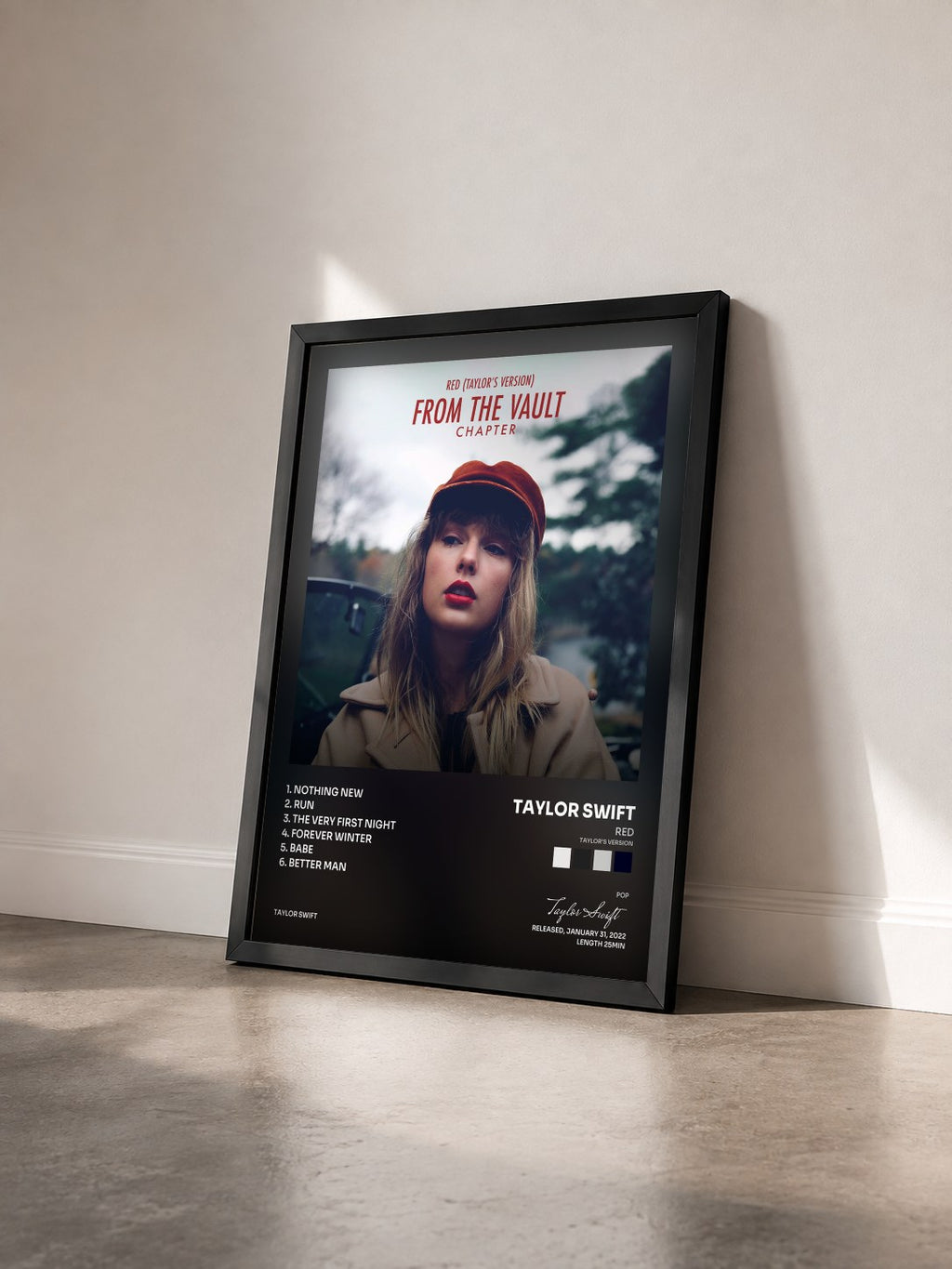 #noir Tableau de l'album Red (Taylor’s Version): From The Vault Chapter de Taylor Swift vu de trois quarts, cadre noir