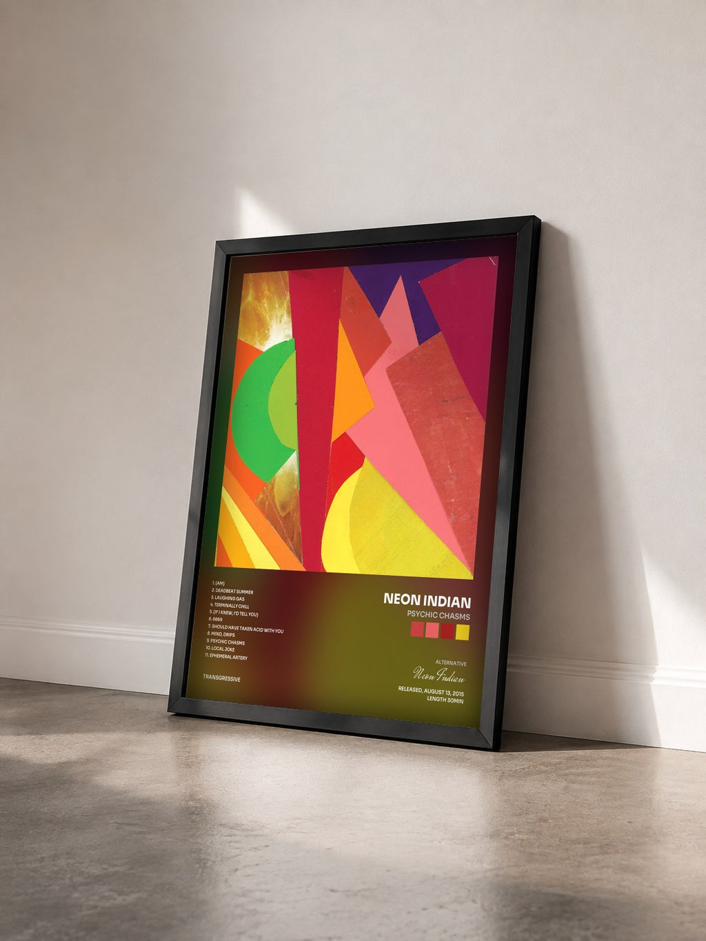 #noir Tableau de l'album Psychic Chasms de Neon Indian vu de trois quarts, cadre noir