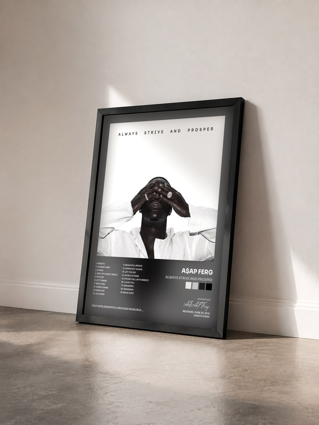 #noir Tableau de l'album ALWAYS STRIVE AND PROSPER de A$AP Ferg vu de trois quarts, cadre noir