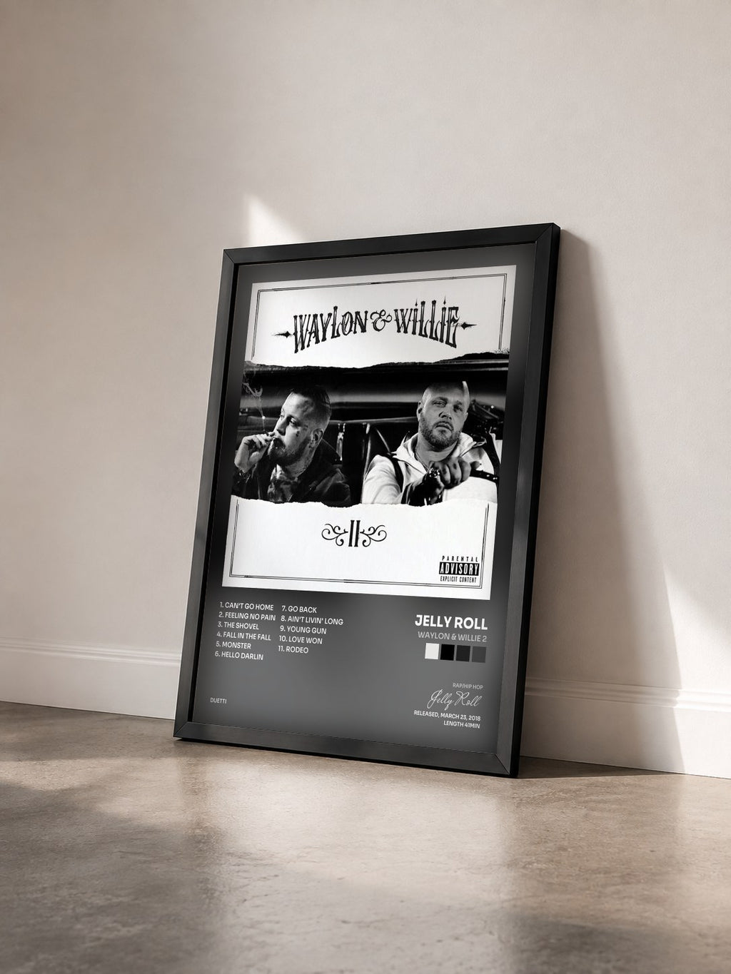 #noir Tableau de l'album Waylon & Willie 2 de Jelly Roll vu de trois quarts, cadre noir