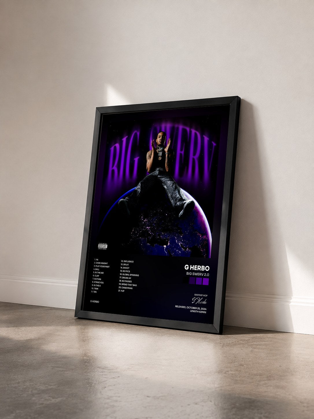 #noir Tableau de l'album Big Swerv 2.0 de G Herbo vu de trois quarts, cadre noir