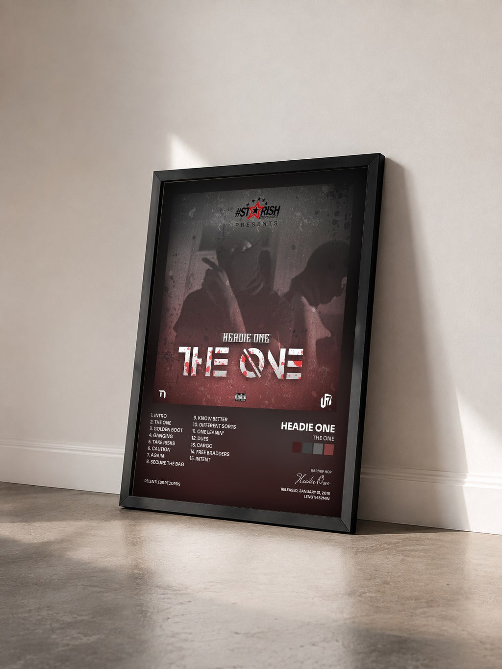 #noir Tableau de l'album The One de Headie One vu de trois quarts, cadre noir