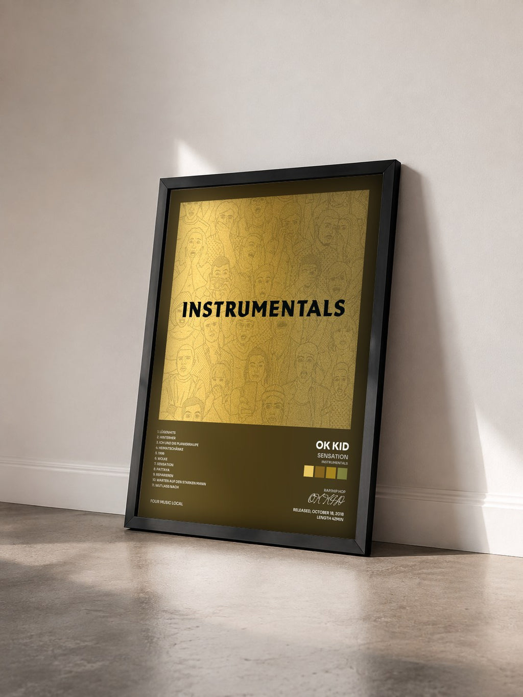 #noir Tableau de l'album Sensation (Instrumentals) de OK KID vu de trois quarts, cadre noir