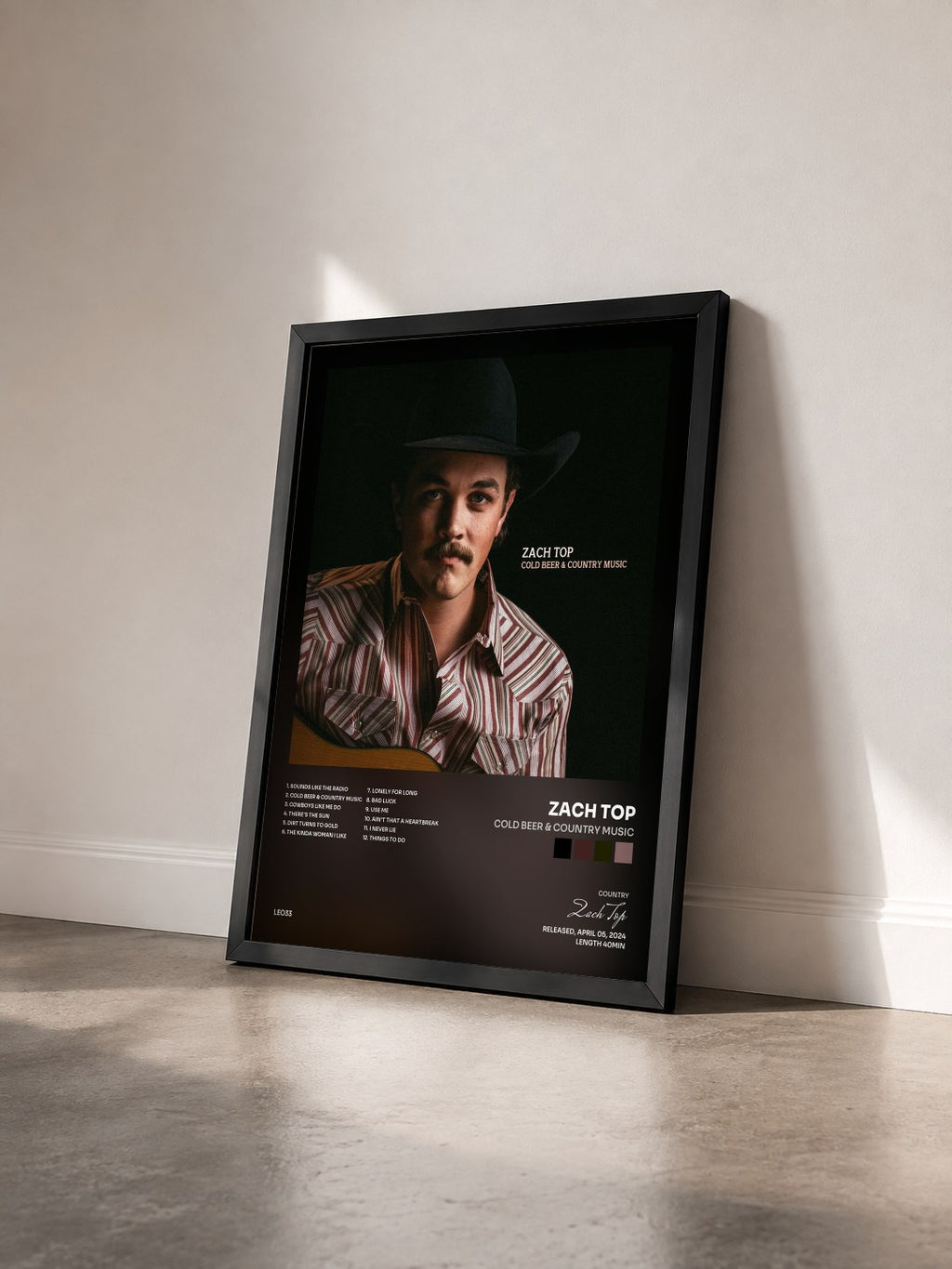 #noir Tableau de l'album Cold Beer & Country Music de Zach Top vu de trois quarts, cadre noir