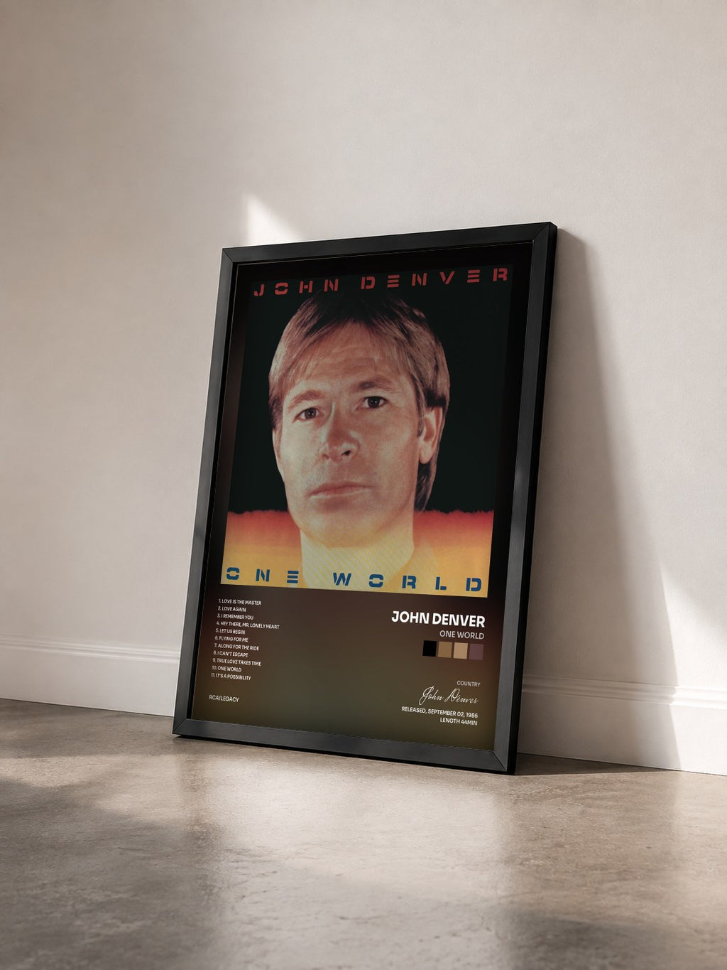 #noir Tableau de l'album One World de John Denver vu de trois quarts, cadre noir