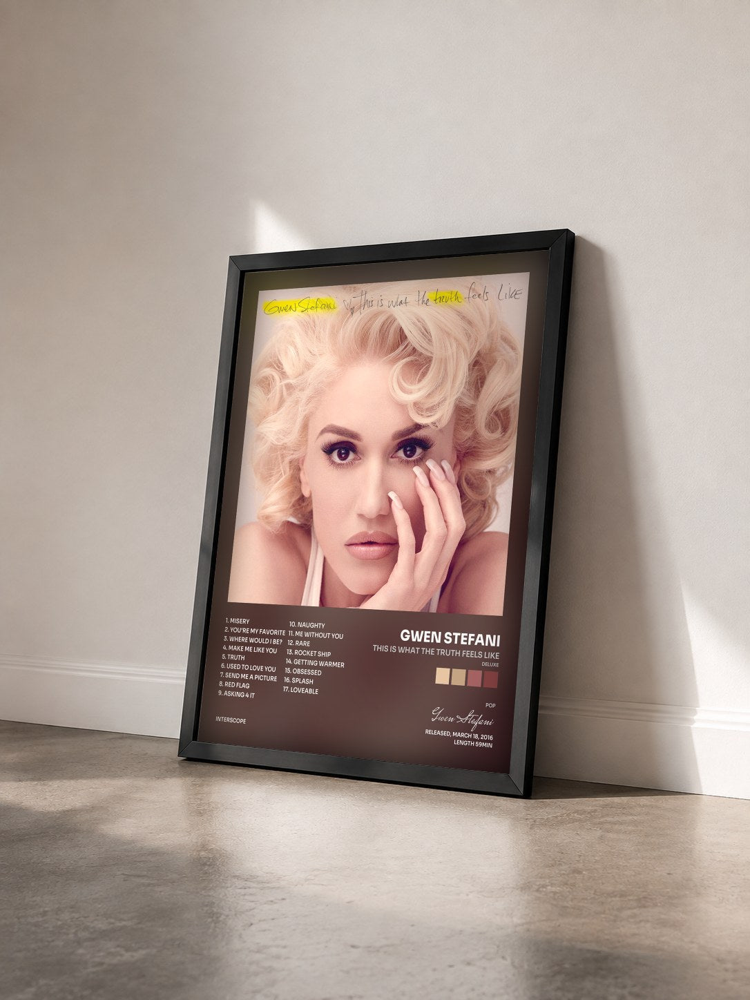 #noir Tableau de l'album This Is What The Truth Feels Like (Deluxe) de Gwen Stefani vu de trois quarts, cadre noir