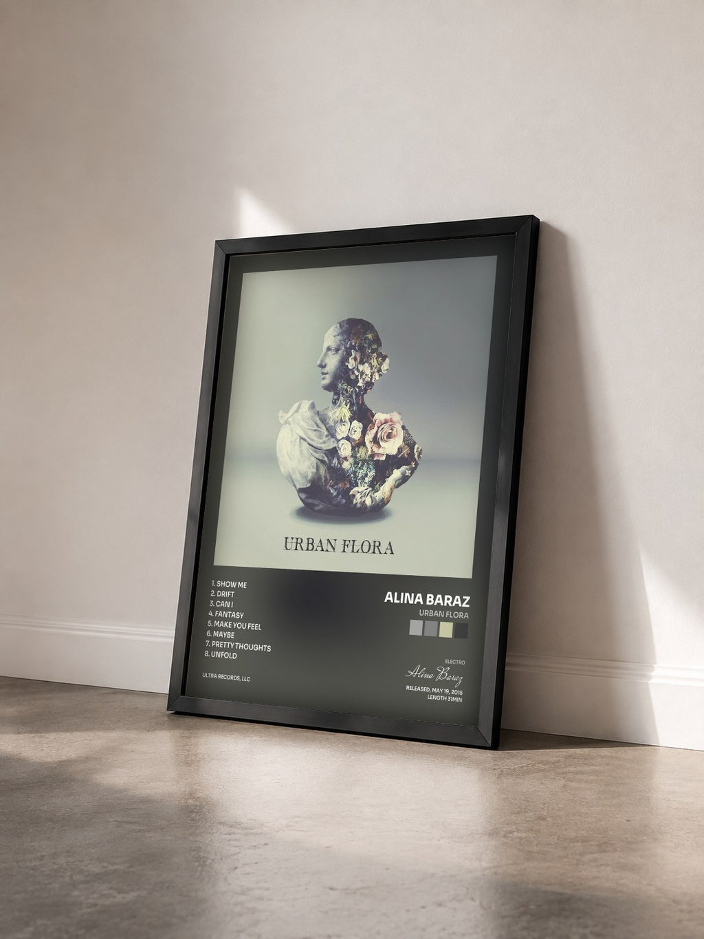 #noir Tableau de l'album Urban Flora de Alina Baraz vu de trois quarts, cadre noir