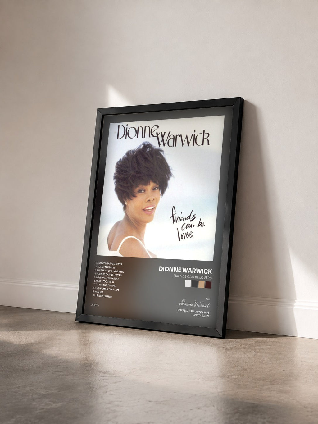 #noir Tableau de l'album Friends Can Be Lovers de Dionne Warwick vu de trois quarts, cadre noir
