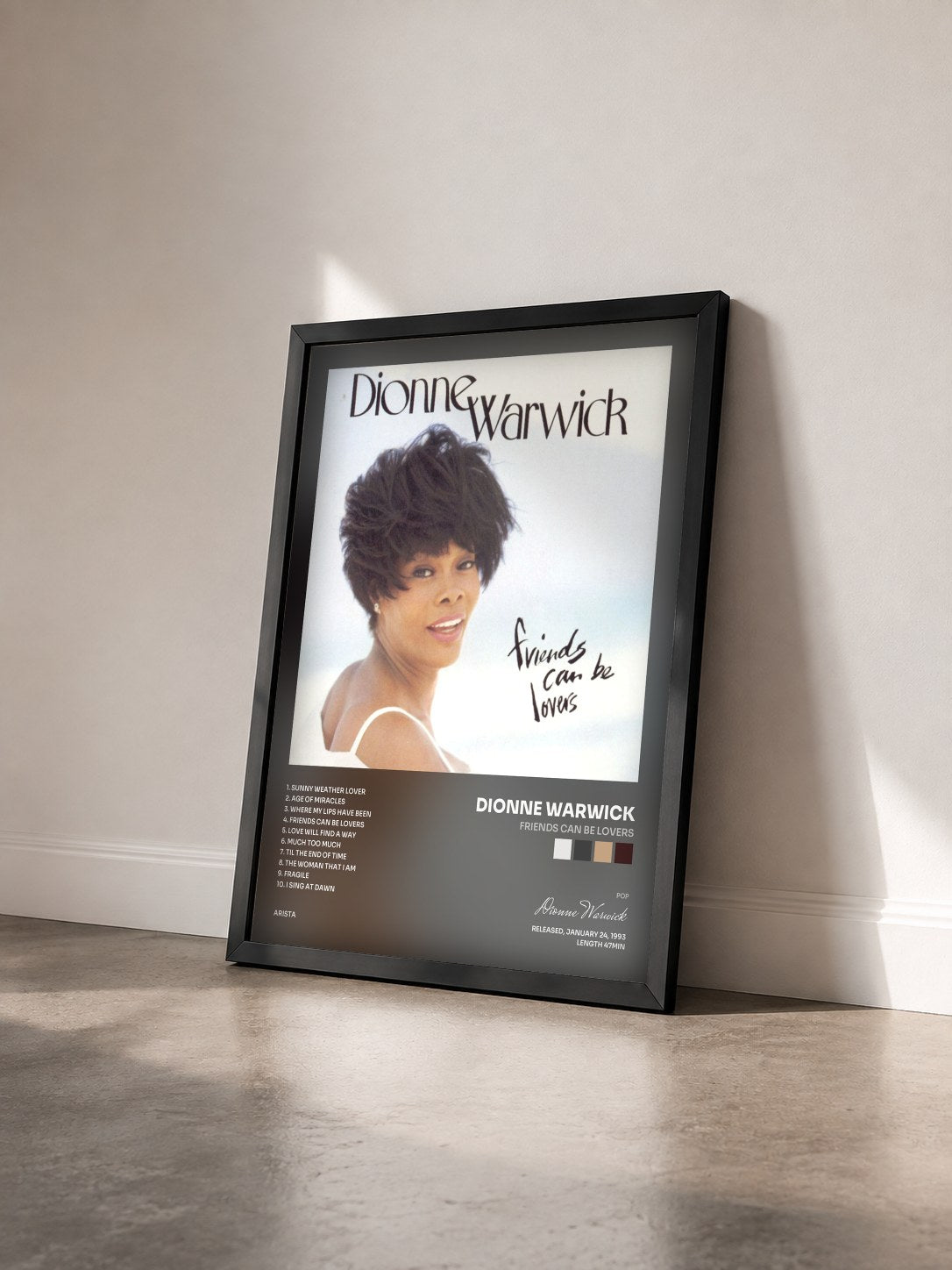 #noir Tableau de l'album Friends Can Be Lovers de Dionne Warwick vu de trois quarts, cadre noir