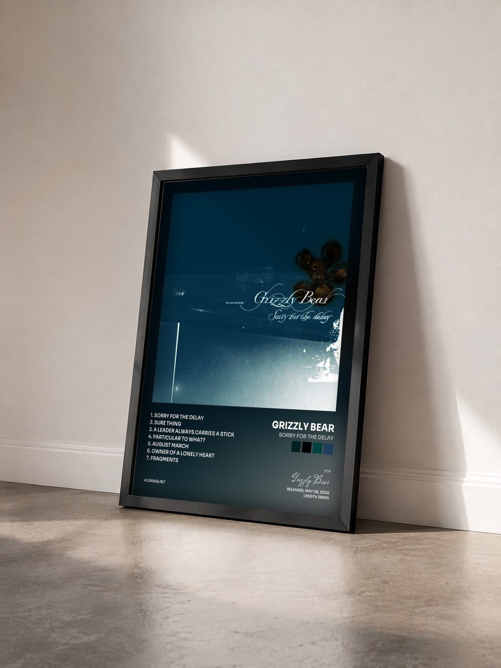 #noir Tableau de l'album Sorry for the Delay de Grizzly Bear vu de trois quarts, cadre noir