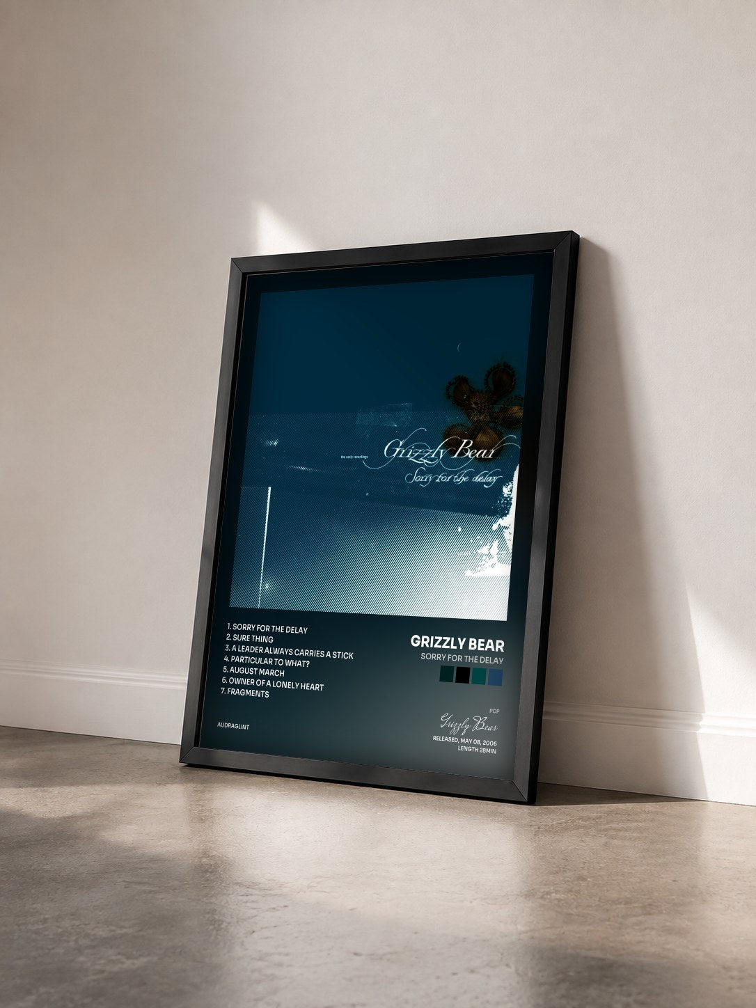 #noir Tableau de l'album Sorry for the Delay de Grizzly Bear vu de trois quarts, cadre noir