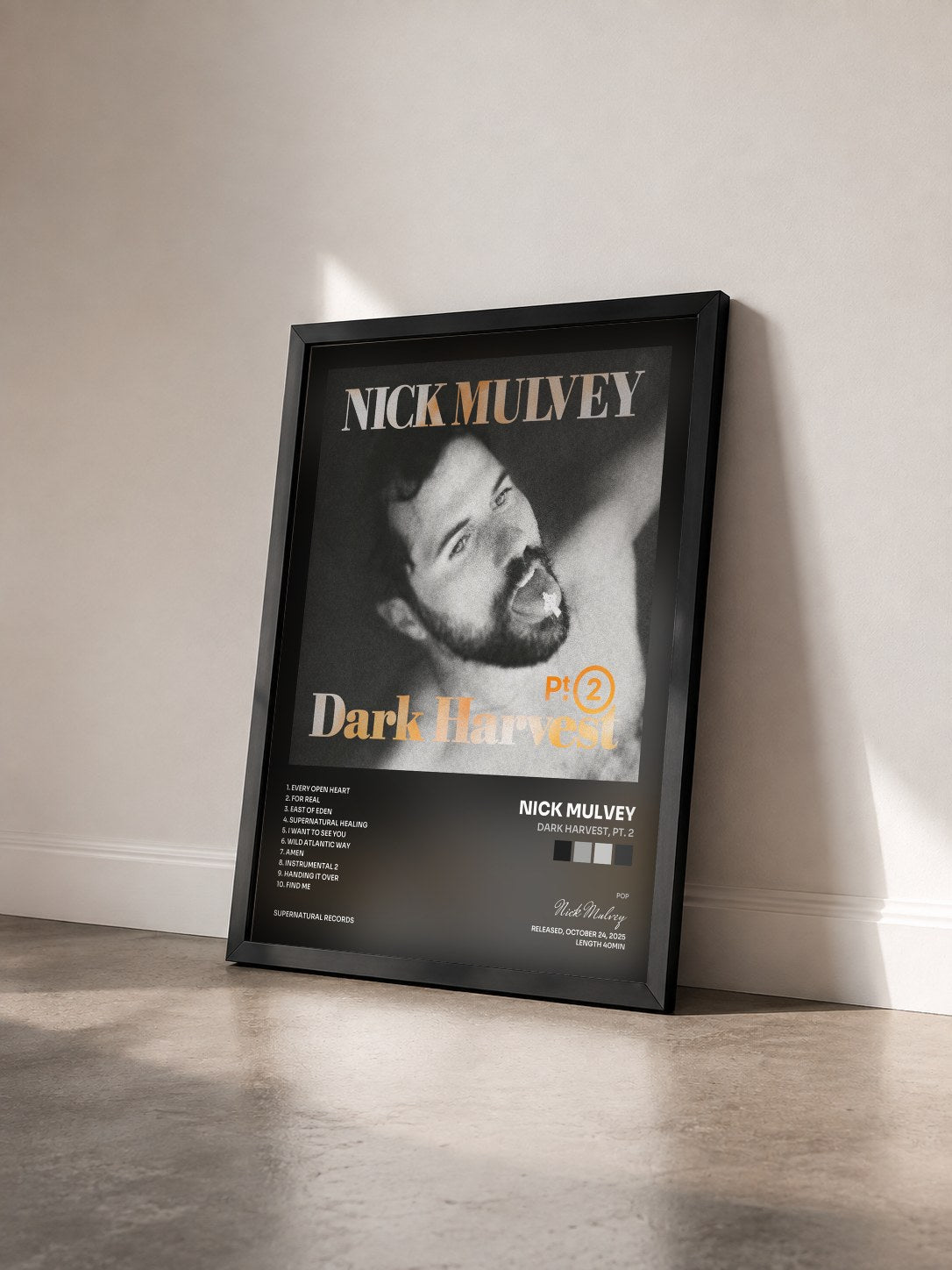 #noir Tableau de l'album Dark Harvest, Pt. 2 de Nick Mulvey vu de trois quarts, cadre noir