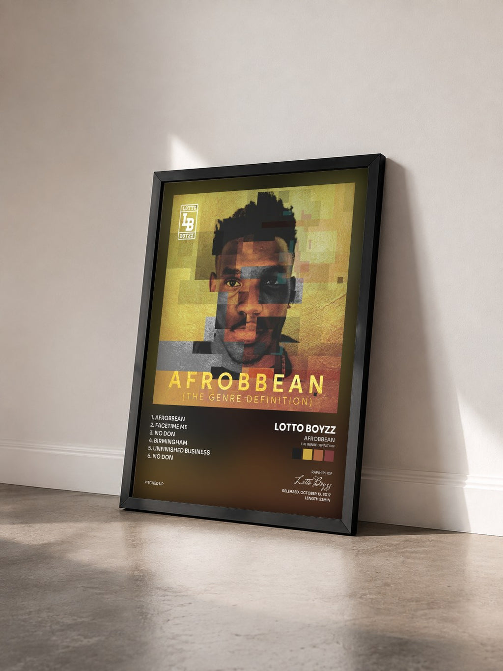 #noir Tableau de l'album Afrobbean (The Genre Definition) EP de Lotto Boyzz vu de trois quarts, cadre noir