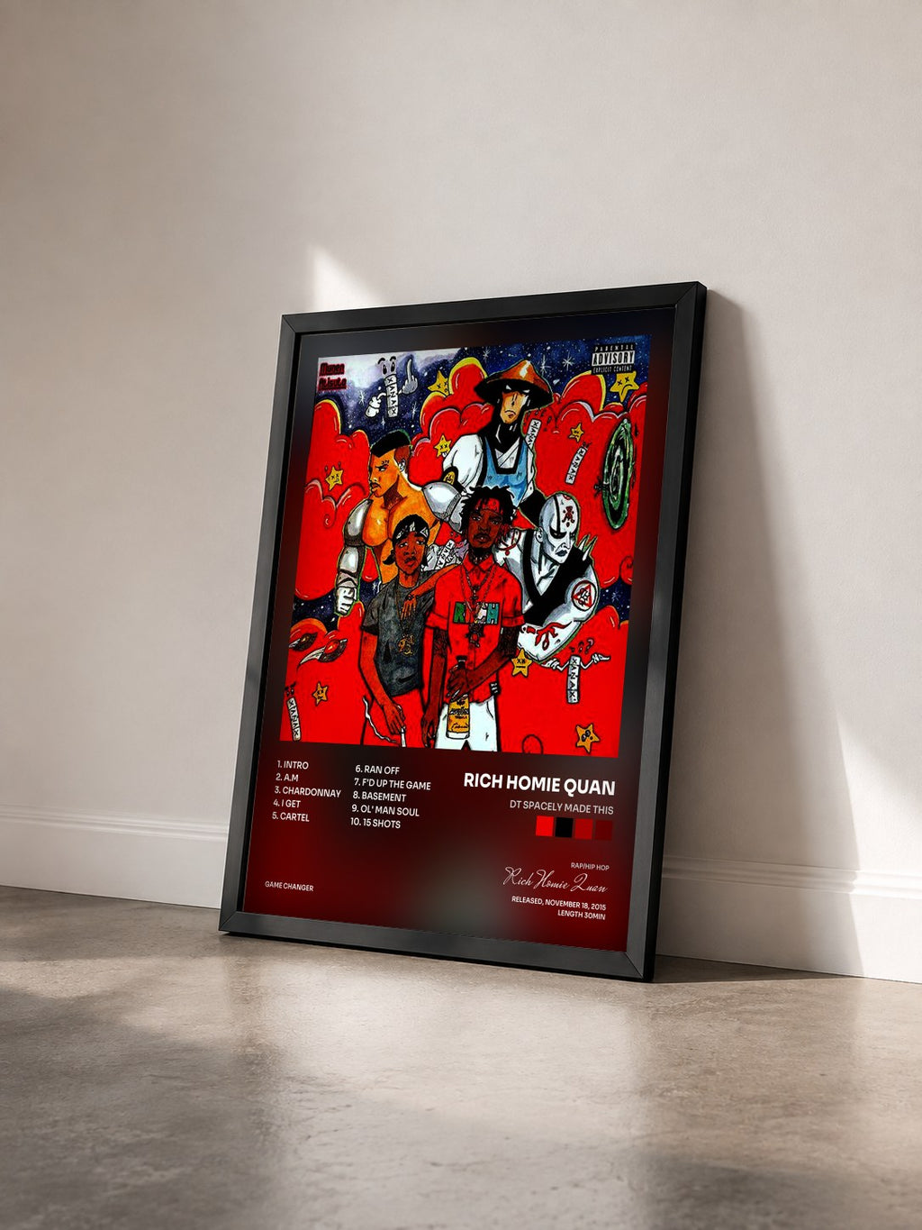 #noir Tableau de l'album Dt Spacely Made This de Rich Homie Quan vu de trois quarts, cadre noir