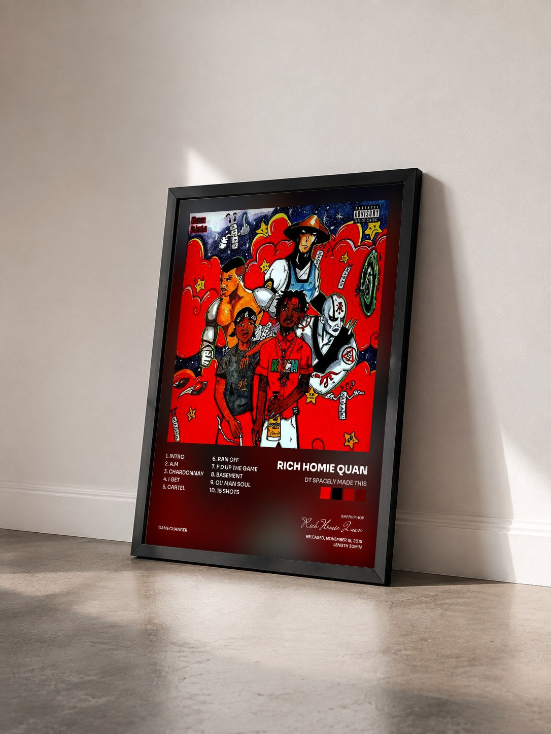 #noir Tableau de l'album Dt Spacely Made This de Rich Homie Quan vu de trois quarts, cadre noir