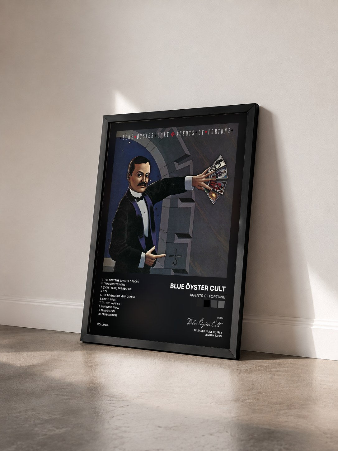 #noir Tableau de l'album Agents Of Fortune de Blue Öyster Cult vu de trois quarts, cadre noir