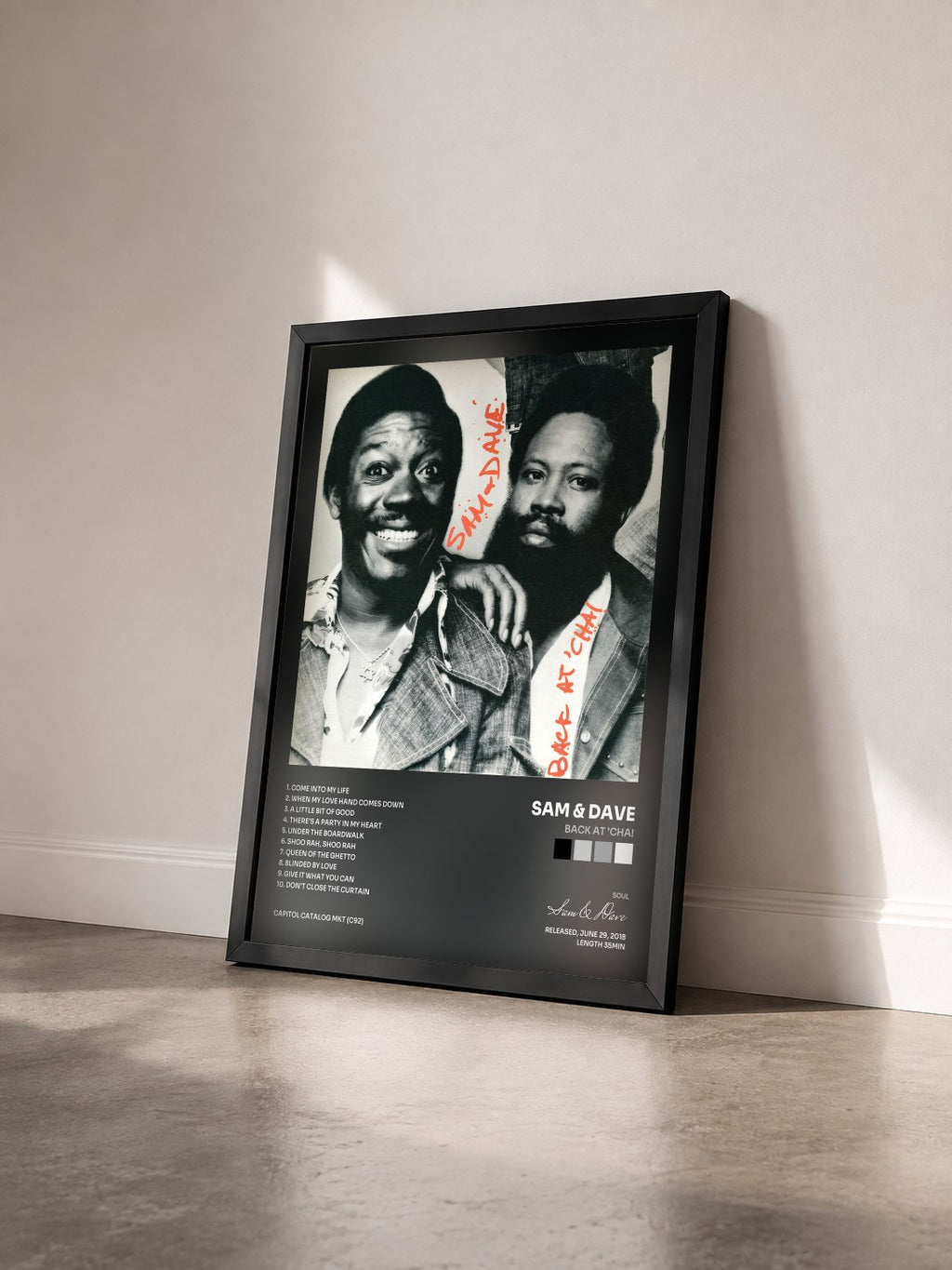 #noir Tableau de l'album Back At 'Cha! de Sam & Dave vu de trois quarts, cadre noir