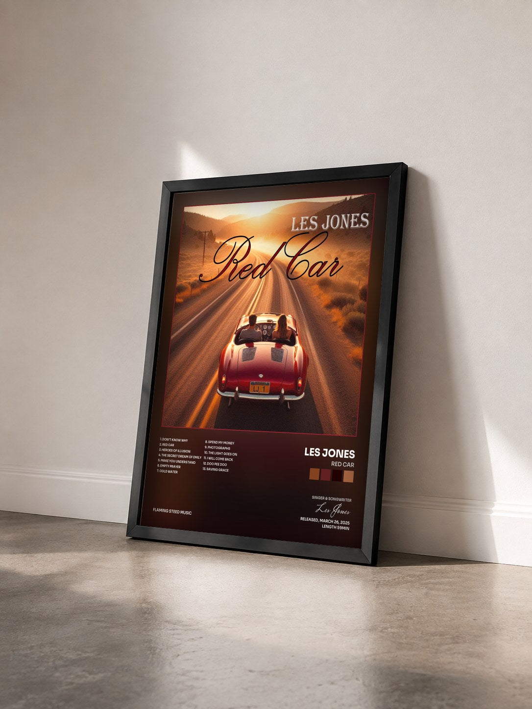 #noir Tableau de l'album Red Car de Les Jones vu de trois quarts, cadre noir