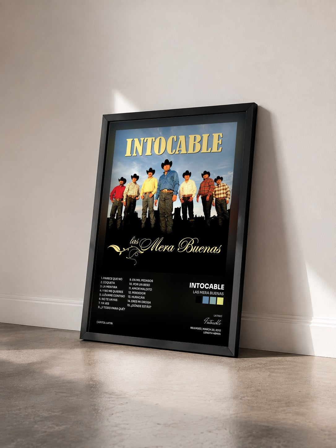 #noir Tableau de l'album Las Mera Buenas de Intocable vu de trois quarts, cadre noir