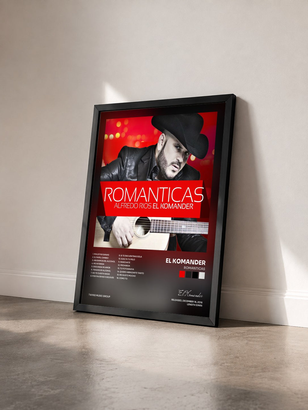 #noir Tableau de l'album Romanticas de El Komander vu de trois quarts, cadre noir