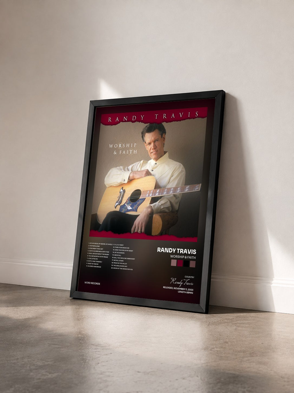#noir Tableau de l'album Worship & Faith de Randy Travis vu de trois quarts, cadre noir