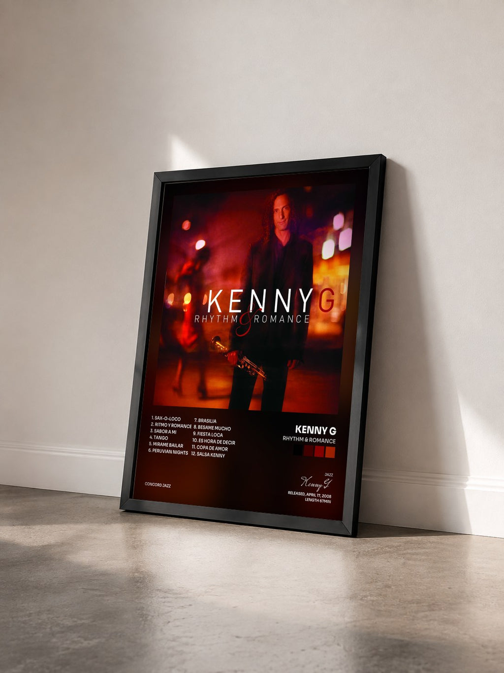 #noir Tableau de l'album Rhythm & Romance de Kenny G vu de trois quarts, cadre noir
