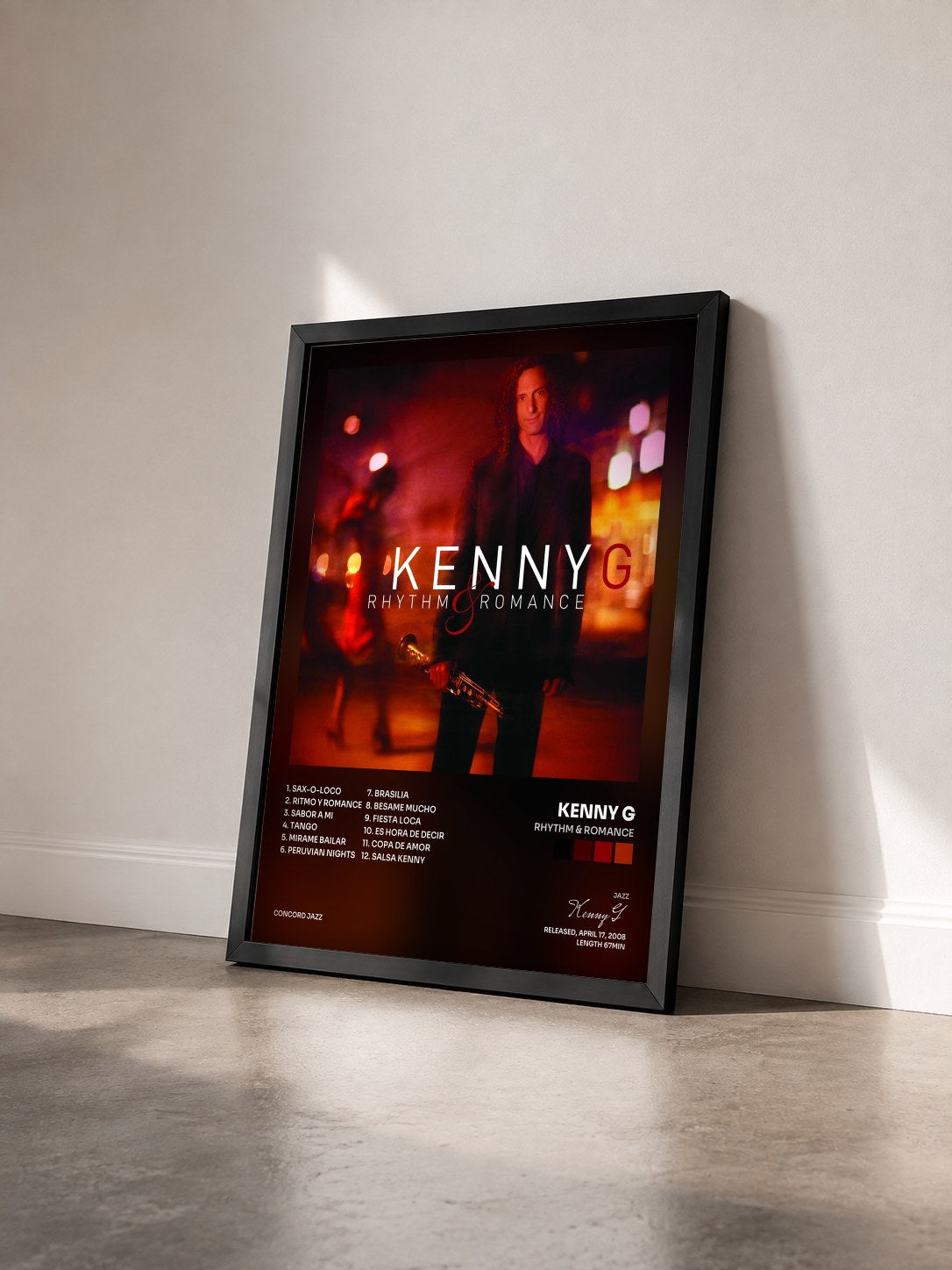 #noir Tableau de l'album Rhythm & Romance de Kenny G vu de trois quarts, cadre noir