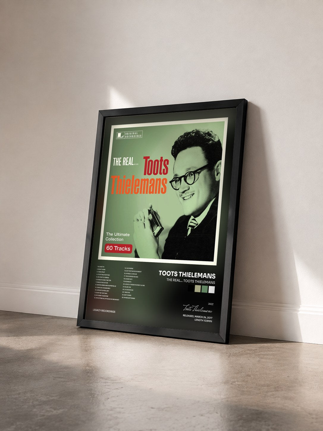 #noir Tableau de l'album The Real... Toots Thielemans de Toots Thielemans vu de trois quarts, cadre noir