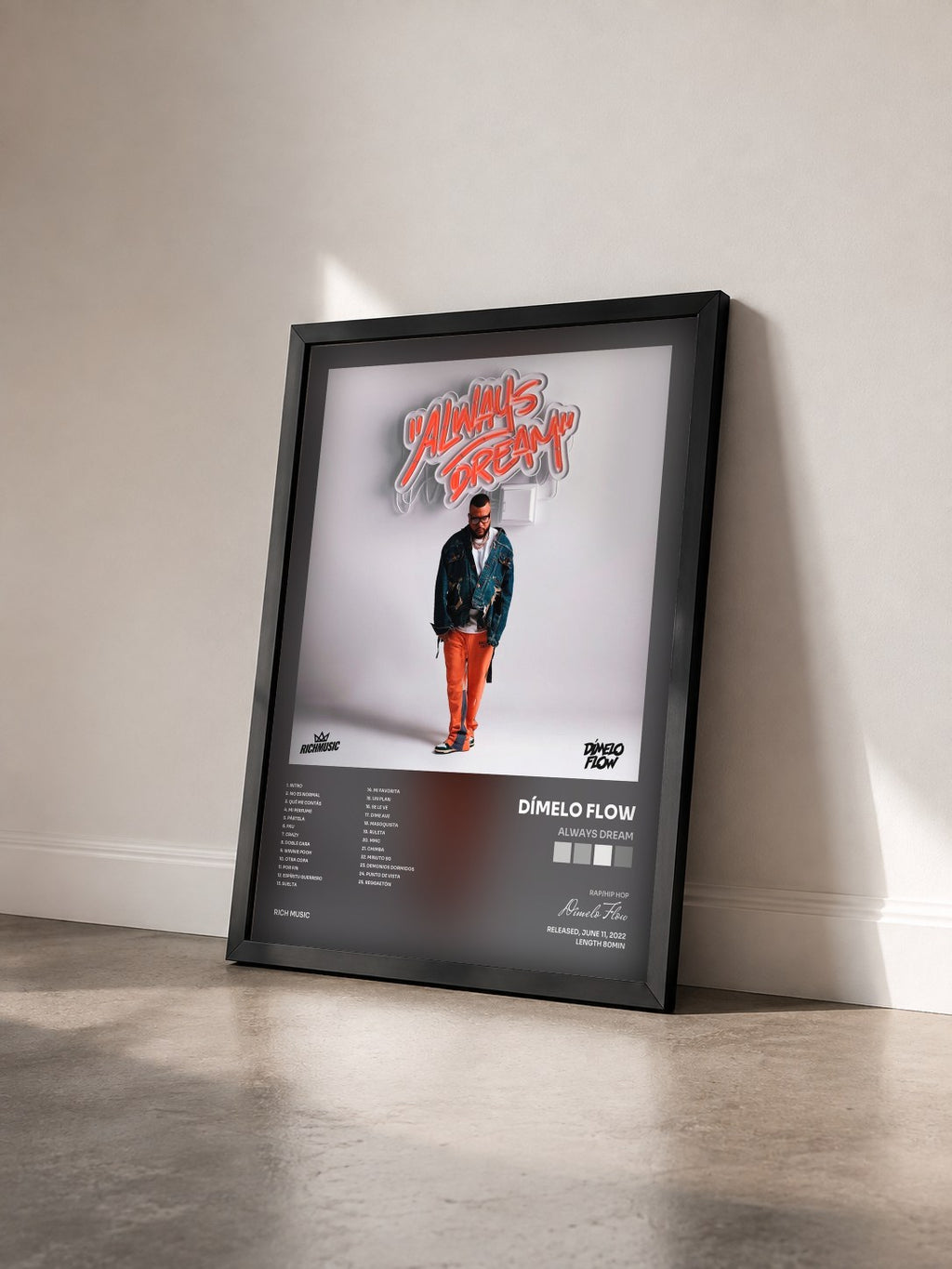 #noir Tableau de l'album Always Dream de Dímelo Flow vu de trois quarts, cadre noir